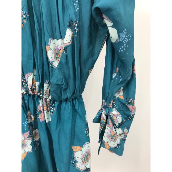 Free People Teal Floral Peplum Dolman Bell Sleeve Blouse Size XS - Picture 6 of 7